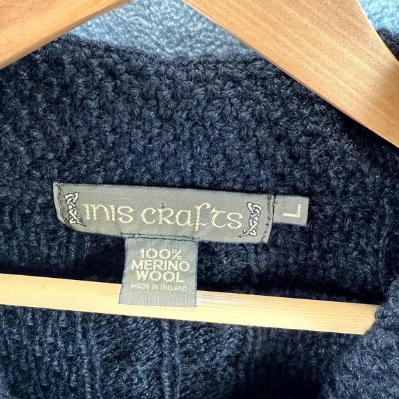 Vintage Inis Crafts Chunky Cardigan Sweater Women's Large Black Cable Knit Wool - Picture 4 of 8